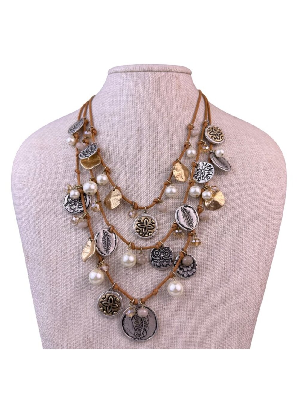 Multi-Strand Womens Beige Multi-Material Necklace Metal & Pearl Charms